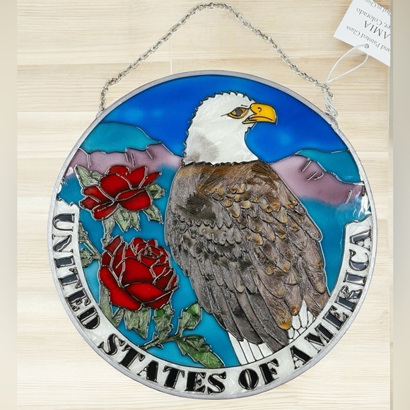 Amia Round USA Bald Eagle Red Rose Hand Painted Glass Sun Catcher NIB - Picture 3 of 8